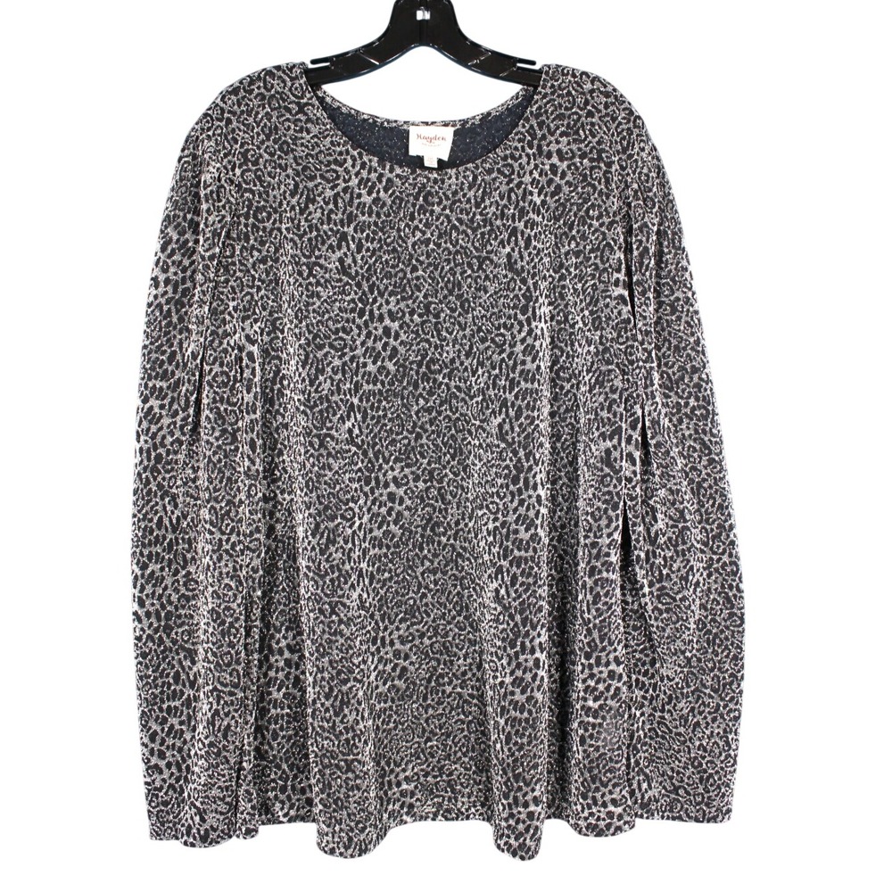 HAYDEN LOS ANGELES Black/w Silver Metallic LEOPARD Semi-Sheer BLOUSE/TOP Sz 2XL